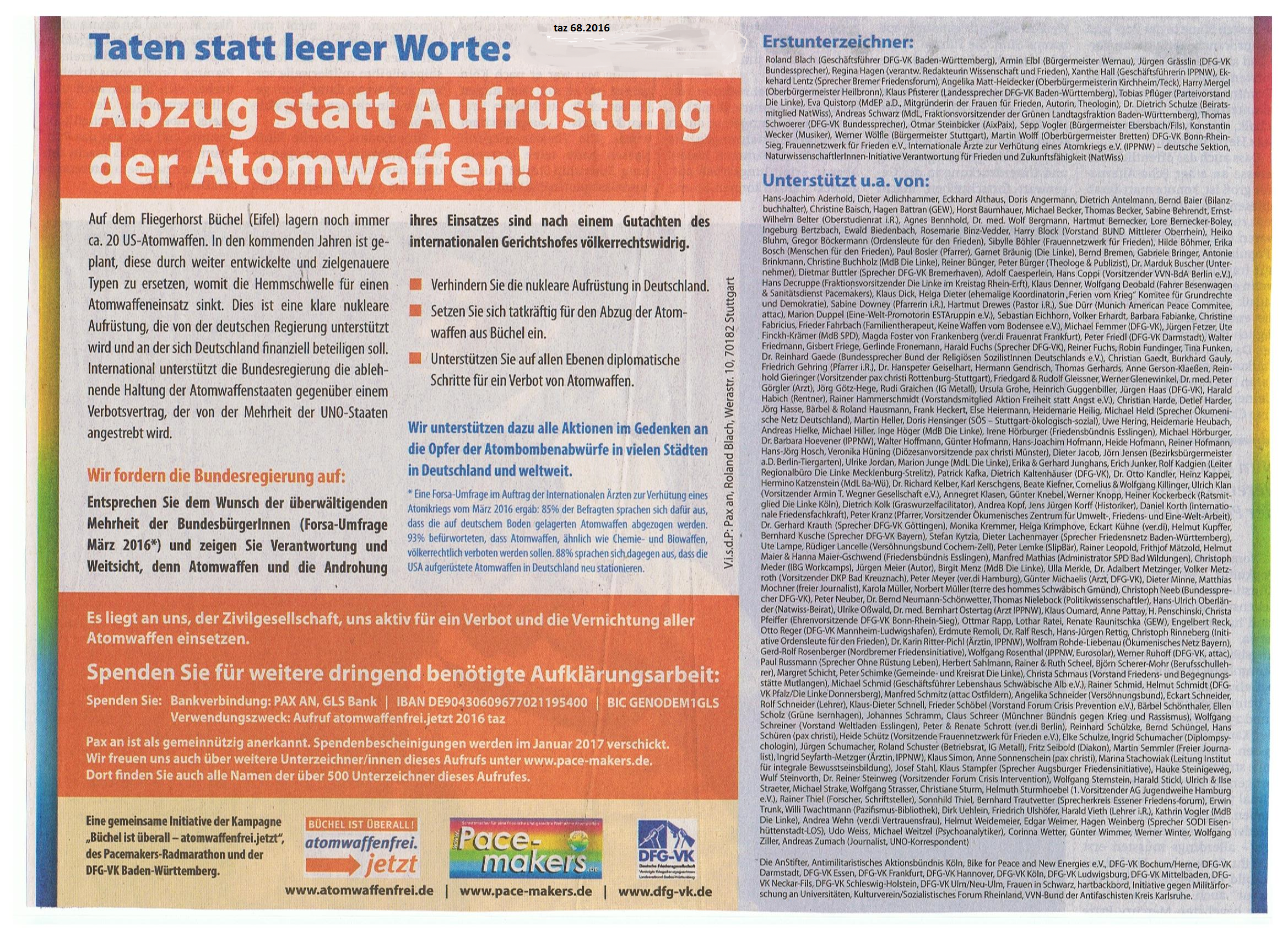 Anzeige für Atomwaffenabrüstung in der taz 6.8.16