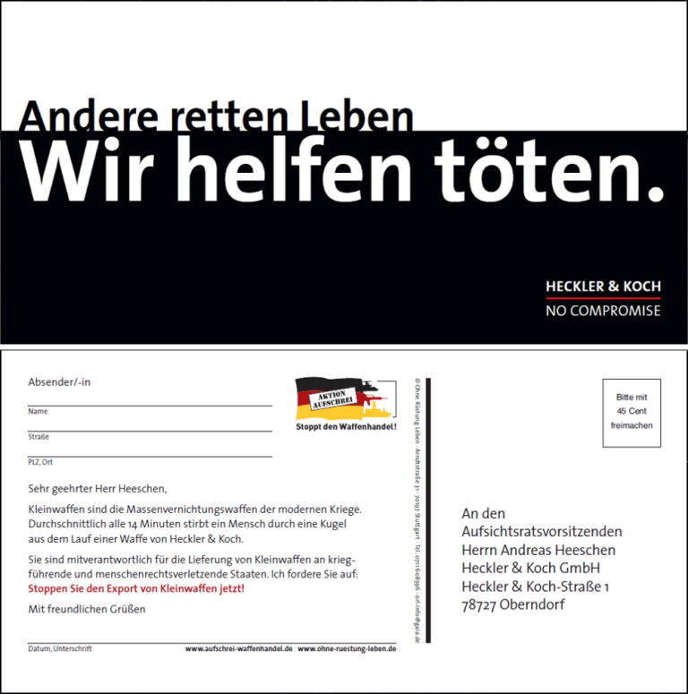 Protestpostkarte an Heckler & Koch